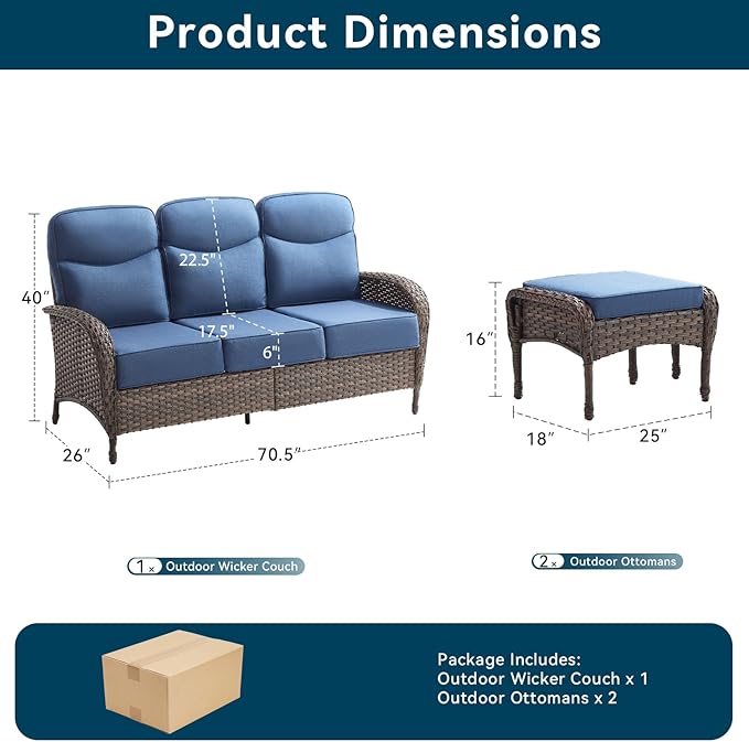 3 Pieces Luxury Patio Furniture Sofa Set with 6-Inch Thick Cushions, Outdoor Wicker Patio Furniture Covered Couch with Multifunctional Ottoman, Patio Conversation Set for Porch Garden, Blue
