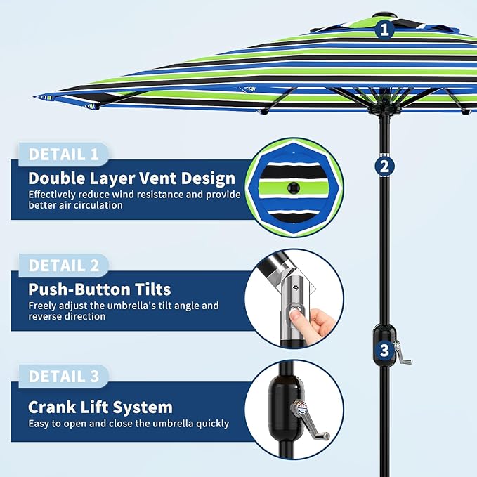 10Ft Patio Umbrella - 8 Sturdy Ribs Outdoor Table Umbrella with Crank Lift & Push Button Tilt - Market Umbrella for Pool, Deck, Yard, Garden - Turquoise
