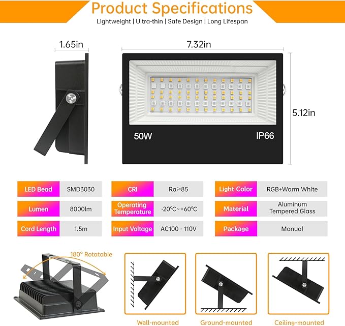 LED Flood Light Outdoor, 500W Equivalent 5000LM Smart RGB Landscape Lighting with APP Control, DIY Scenes - Timing - Warm White 2700K - Color Changing Uplight, IP66 Waterproof, 43 Modes (4 Pack)