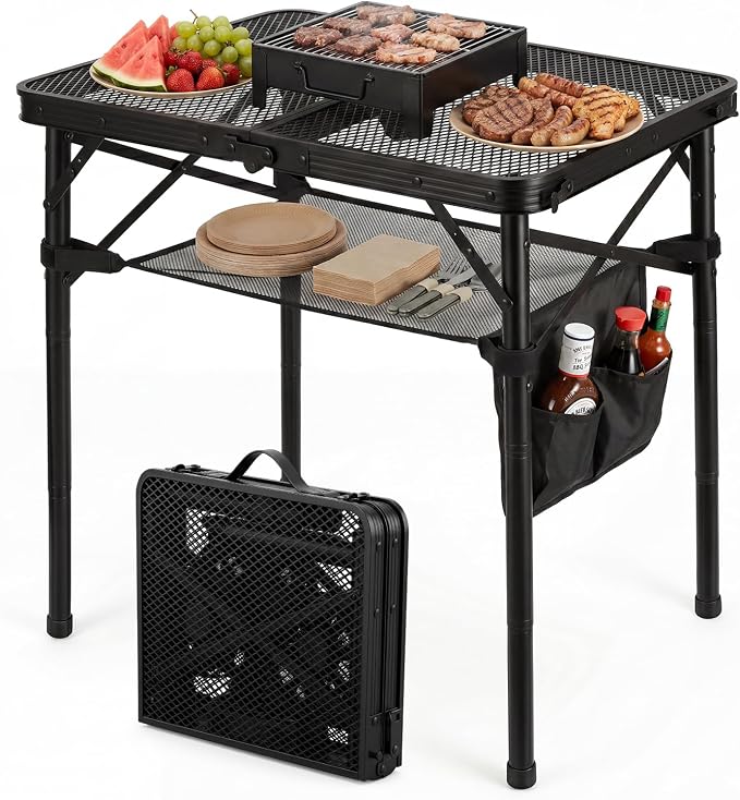 Folding Grill Table, 24"x16" Portable Camping Table with Storage Pocket, Heat Resistant & Waterproof Outdoor Picnic Table, Sturdy Lightweight for Travel Cooking BBQ, Camping, Backyard