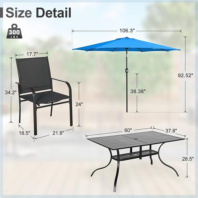 Crownland 7 Piece Patio Dining Set, Outdoor Textilene Dining Sets, 6 Textilene Metal Chairs and Rectangular Outdoor Dining Table with Sky Blue 9FT Round Outdoor Umbrella (Black)