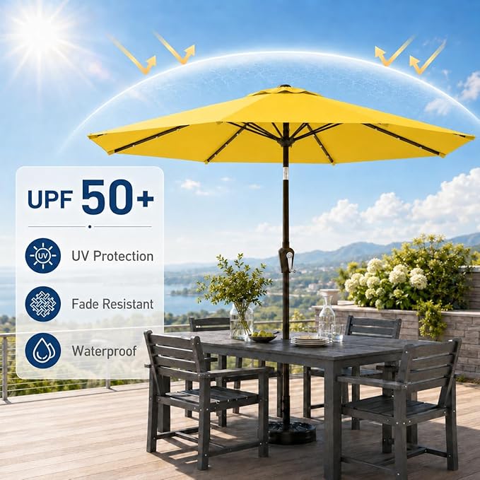 10FT Solar Patio Umbrella with Lights, Outdoor Table Market Umbrella with 32 LED Lights, 8 Sturdy Ribs, Push Button Tilt and Crank for Pool, Deck and Garden, UV-Resistant