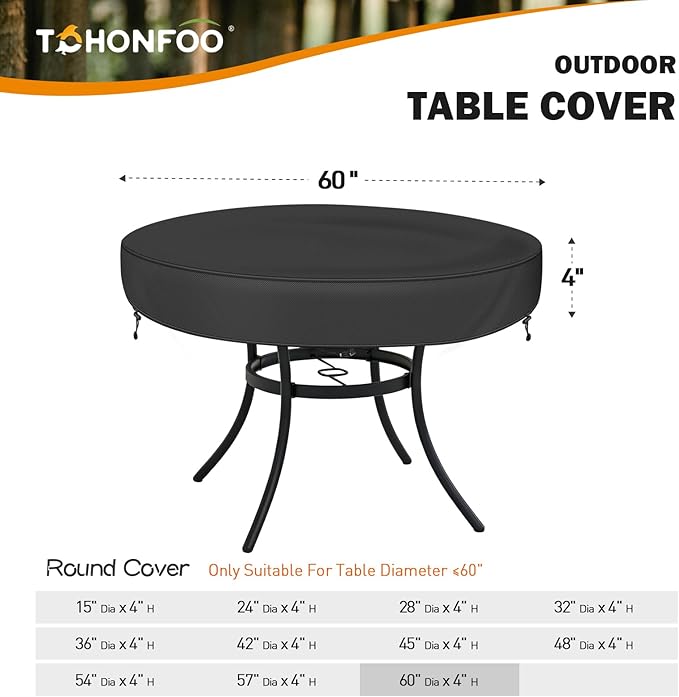 TOHONFOO Outdoor Round Table Cover - Waterproof Anti-UV Round Patio Table Cover - Fits Outdoor Table Up to 58-60 Inch