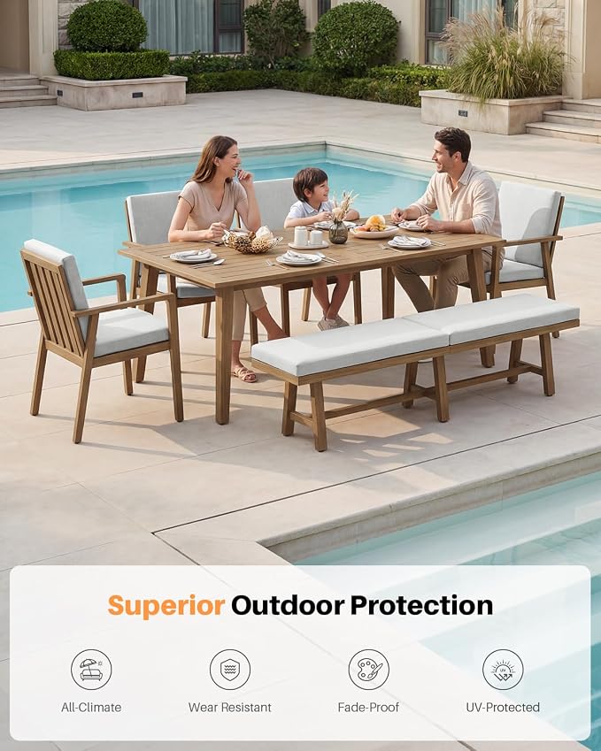 6 Pieces Never-Rust Outdoor Dining Set, Aluminum 8-Person Dining Table with 4 Chairs and 3-Person Backless Bench, Outdoor Patio Dining Furniture Set with Cushion for Lawn, Deck, Garden, Teak
