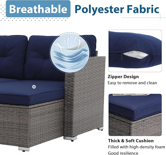 JOIVI Outdoor Patio Furniture Set, Wicker Conversation Set with Tempered Glass Coffee Table, All-Weather Rattan Furniture Small Sectional Sofa Set, L-Shaped Outdoor Seating with Cushions, Navy Blue