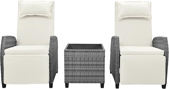 LUMISOL Outdoor Recliner Chairs Set of 2, Patio Rocking Chairs Set with Adjustable Footrest, Outdoor Reclining Chairs with Wicker Coffee Table for Courtyard, Porch (Beige)