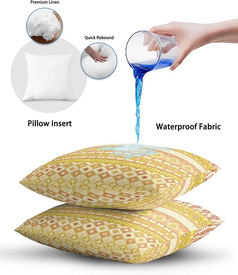 Waterproof Outdoor Pillow Set of 2 Yellow Bohemian Decorative Throw Pillows Cover & Insert 18x18 Inch Pillowcase Boho Style Floral Leaves Geometric Pillows for Couch Sofa Bed Patio Furniture