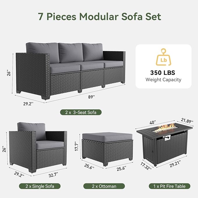 Aoxun 7 Piece Patio Furniture Set with Fire Pit Table, 10 Seats Outdoor Furniture Set with Wicker Ottomans, Rattan Outdoor Sectional Sofa with Thickened Cushion & Waterproof Cover Grey
