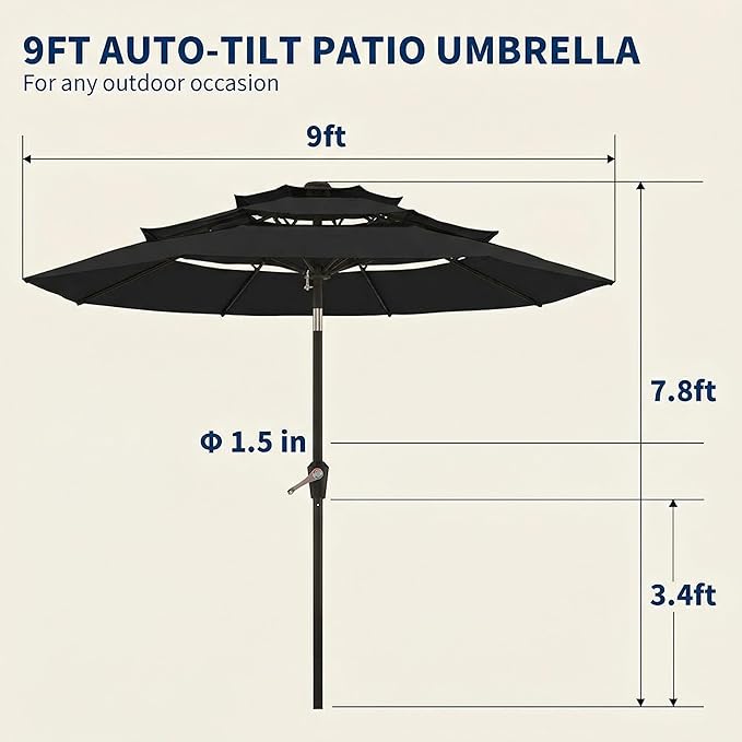 10FT Patio Umbrella 3 Tiers Outdoor Market Umbrella w/Push Button Tilt, Crank, UV and Waterproof Table Umbrella for Garden, Pool, Backyard, Deck, Lawn, Black