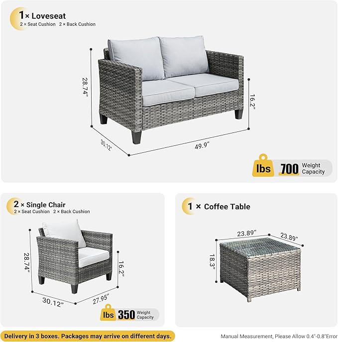ovios 4 Pieces Patio Furniture Set, Outdoor Wicker Rattan Sofa Couch with Loveseat, Chairs, Glass Coffee Table, Conversation Sets for Yard Porch Garden, Grey