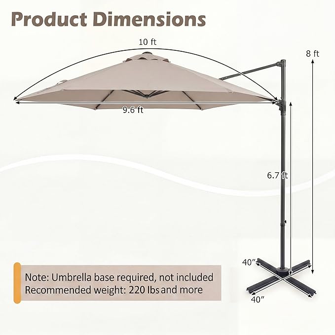 HAPPYGRILL 10 FT Patio Umbrella with Solar Lights, Outdoor Offset Cantilever Umbrella with White LED Lights, 360 Degree Rotation, Air Vent for Pool Deck Garden Backyard