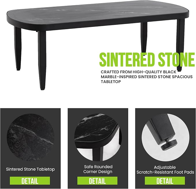 Outdoor Coffee Table, Sintered Stone Top, Aluminum Frame, Ember Black