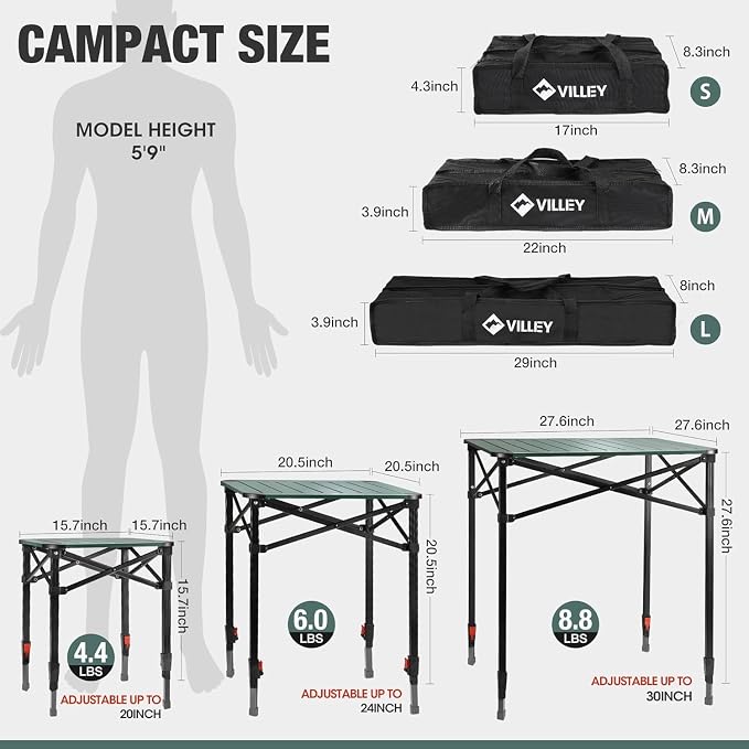VILLEY Folding Camping Square Table with Carry Bag, Lightweight Aluminum Adjustable Square Table for Outdoor, Camping, Picnic, Backyards, BBQ, Large