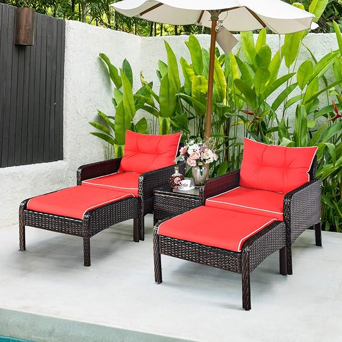 Tangkula 5 Pieces Wicker Patio Furniture Set, PE Rattan Outdoor All Weather Cushioned Sofas and Ottoman Set, 2-Person Outside Conversation Set for Lawn, Poolside, Yard, Balcony, Deck, Red