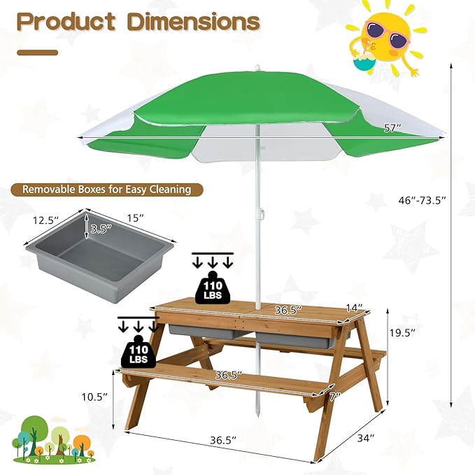 KOTEK Kids Picnic Table, 4 in 1 Sand and Water Table w/Detachable Tabletop, 2 Removable Play Boxes, Foldable & Height Adjustable Umbrella, Wood Sensory Table and Bench for Outdoors, Indoors (Natural)