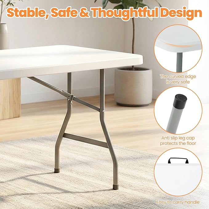 8 FT Plastic White Folding Banquet Table Chairs Set, Outdoor Portable Foldable Table Chairs for Picnic, Game, Camping, Dining, Wedding, Craft, Commercial Event Use