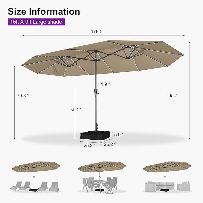 PURPLE LEAF 15ft Double-Sided Patio Umbrella with Base and Solar Lights Outdoor Market Umbrella with Crank Handle Rectangle Umbrella for Backyard Pool Garden Deck, Khaki