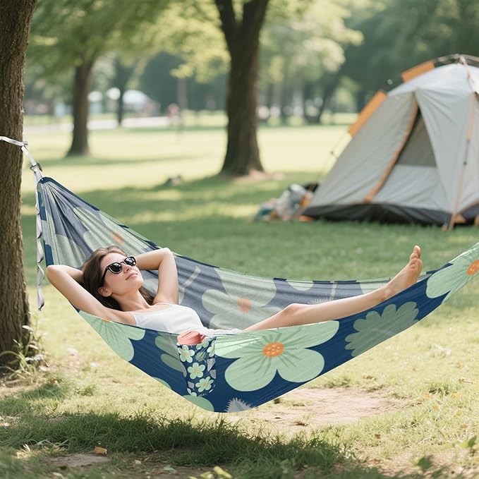 Dark Green Flowers and Leaf Dark Blue 330lb Capacity Outdoor Hammock with Tree Straps Indoor Hammock for Outside Patio Backyard Poolside hamaca con soporte para adultos