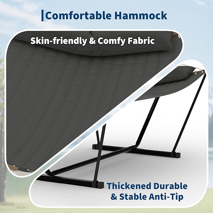 Double Hammocks with Stand for Outside, Heavy Duty Portable Outdoor Hammock with Carrying Bag & Soft Pillow & Paded, 450 LBS Weight Capacity, Perfect for Outdoor Indoor Patio Backyard Garden