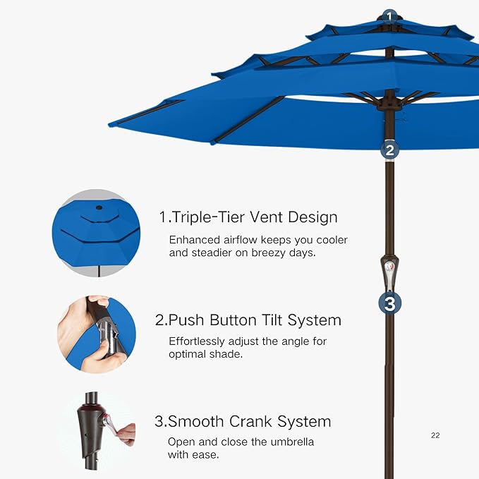 Kingdura 10ft 3-Tier Patio Umbrella, Outdoor Table Umbrella with Easy Crank & Tilt, 8 Reinforced Ribs, UV Protection for Deck, Pool, Market, Backyard (Royal blue)