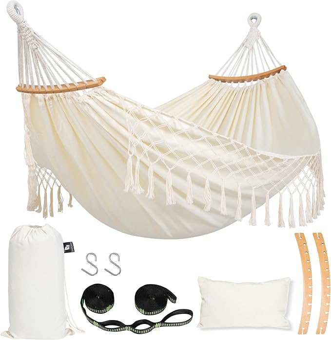 SUNCREAT Hammocks Outdoor Camping Double Hammock with Spreader Bar, Tassel, Hammocks for Outside, Beige