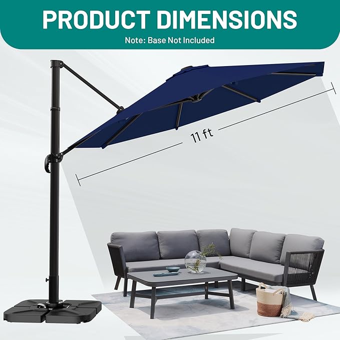 AreShark 11FT Round Cantilever Patio Umbrella with Base Included, 360° Rotation Offset Outdoor Umbrella, 5 Tilt Settings Heavy Duty Hanging Parasol for Deck Garden Pool, Navy