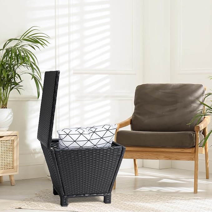 Outdoor PE Wicker Side Table with Storage – 13 Gallon Patio Storage Bin, All-Weather Rattan Coffee Table for Garden, Balcony, Poolside – Holds Hose, Cushions, Towels (Black)