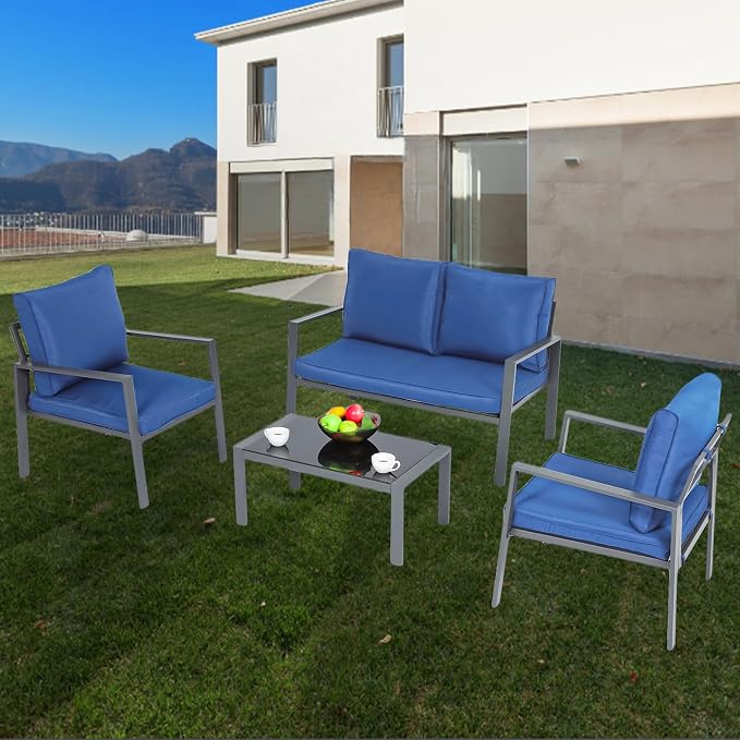 4-Piece Outdoor Patio Furniture Set, Steel Frame Patio Conversation Set with Tempered Glass Side Table for Garden Yard Poolside