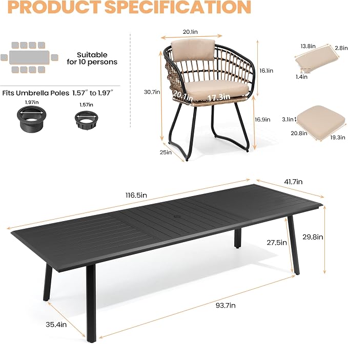 Pellebant 11-piece Outdoor Dining Set for 10 Person - Weather-Resistant Patio Dining Furniture, 116" Aluminum Outdoor Table with Umbrella Hole, Wicker Chair with Cushion for Deck, Porch, Backyard