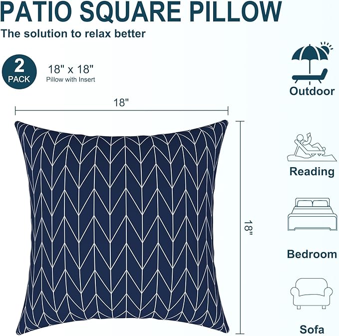 DYTXIII Pack of 2 Waterproof Outdoor Pillow with Inserts, 18x18 Square Patio Decorative Throw Pillow for Home,Sofa,Bench and Patio Furniture,Herringbone Navy
