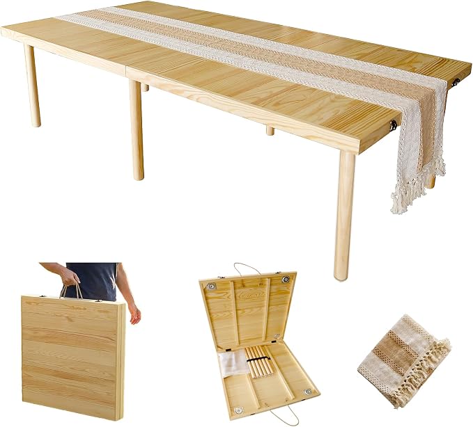 Amdermi Folding Picnic Table with Table Runner, 60 x 30 Inch Portable Boho Low Picnic Table for Indoor Outdoor Camping, Beach, Garden, Party, 6-8 Person