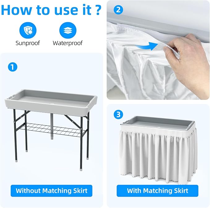 Folding Ice Cooler Table, Skirt &Drain Hose Plastic Chill Table to Keep Drinks Cool, Portable Foldable Self-Serving Beverage Cooling Bar for Parties, Picnics, Barbecues, Fishing(White