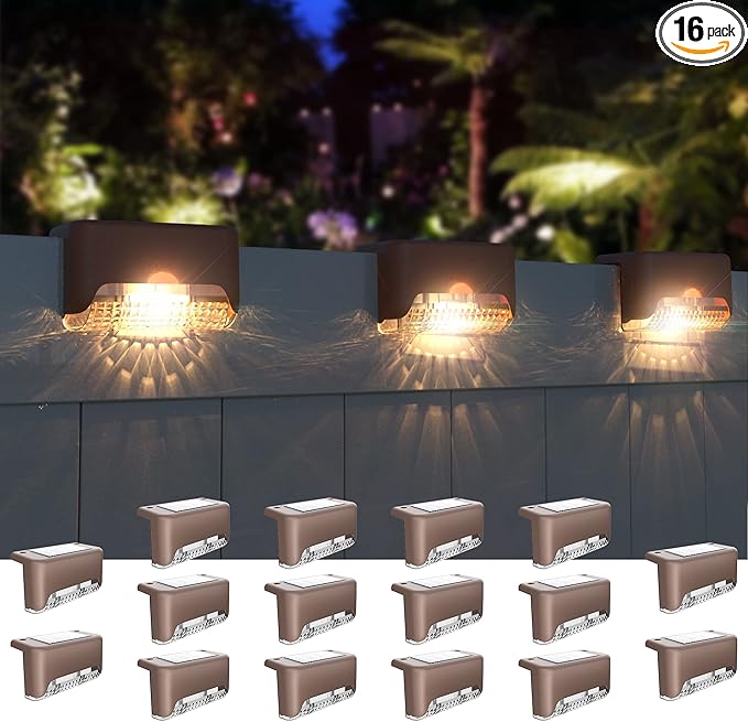 JACKYLED Solar Fence Lights,Outdoor Deck Light 16 Pack Solar Step Lights Waterproof LED Solar Powered Lighting for Outdoor Stairs, Fence, Deck,Patio Railing,Pathway,Driveway,Warm White,Brown