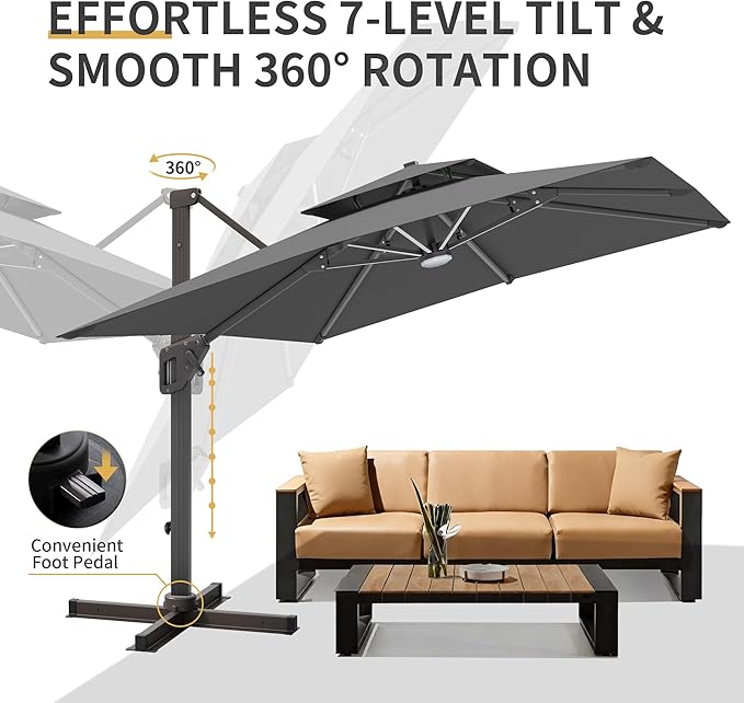 10 X 13 FT Cantilever Patio Umbrella with Led Lights Outdoor Rectangle Offset Large Double Top Heavy Duty Umbrellas with 360°Rotation for Pool Deck Backyard Garden, Gray