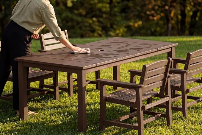 Perli™ 7-Piece Outdoor Dining Set, All-Weather HDPE Patio Furniture with 6 Ergonomic Chairs & Large Table, Built-in Umbrella Hole, UV-Resistant Set for Backyard, Deck, Poolside, Coffee