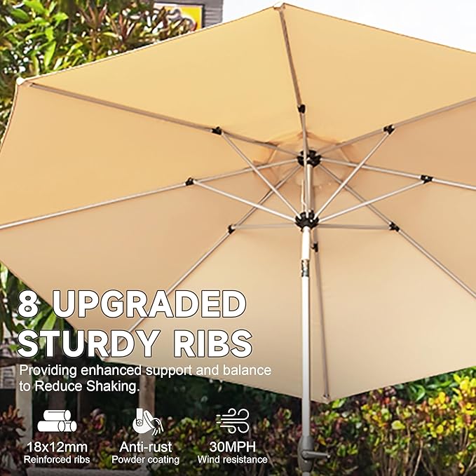 Domi 10FT Patio Umbrella Outdoor Market Umbrella with Silver Aluminum Pole, UV Resistant Canopy, Wind Vent, Tilt & Crank System, Perfect for Patio, Garden, Deck, Pool, Outdoor Dining, Beige
