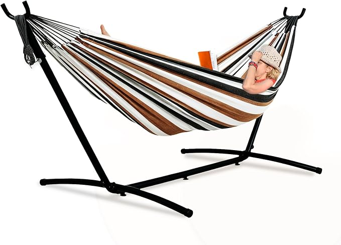 Lazy Daze Portable Hammock with Stand, Free Standing Hammocks for Indoor Outdoor Patio Yard, Has a Carrying Bag and Pillow, 9ft Hamacas Heavy Duty 2 Person Amaca 450 lbs Capacity(Farmhouse)