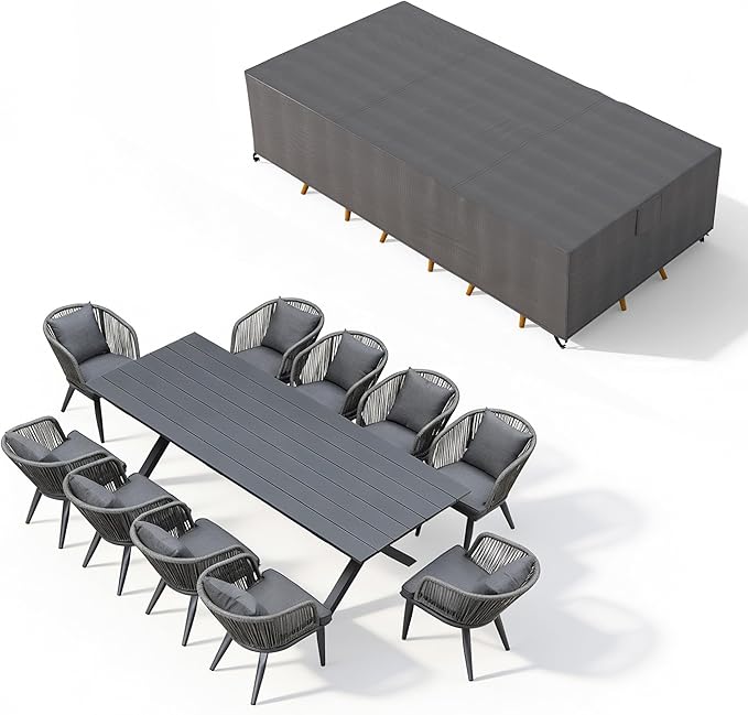 PURPLE LEAF 11 Pieces Patio Dining Set with Waterproof Furniture Cover Rectangular Table and Chairs Set for Garden Deck Aluminum Frame Backyard Kitchen Set, Cushions and Pillows Included Grey