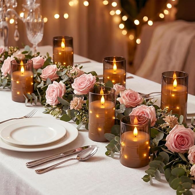 Amagic Grey Battery Operated Candles with Embedded Fairy Lights, Acrylic Fake Pillar LED Flameless Candles with Remote and Timer for Wedding Home Decor, Set of 6, D3 x H4 5" 6"