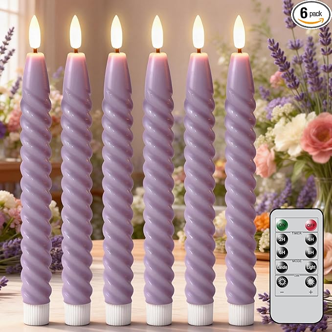 Purple Flameless Taper Candles Real Wax Flickering with Remote Timer, Gentle Lavender LED Spiral Candles Battery Operated 6 Pack 9.8 inch, Wedding Birthday Home Party Holiday Dinner Decor
