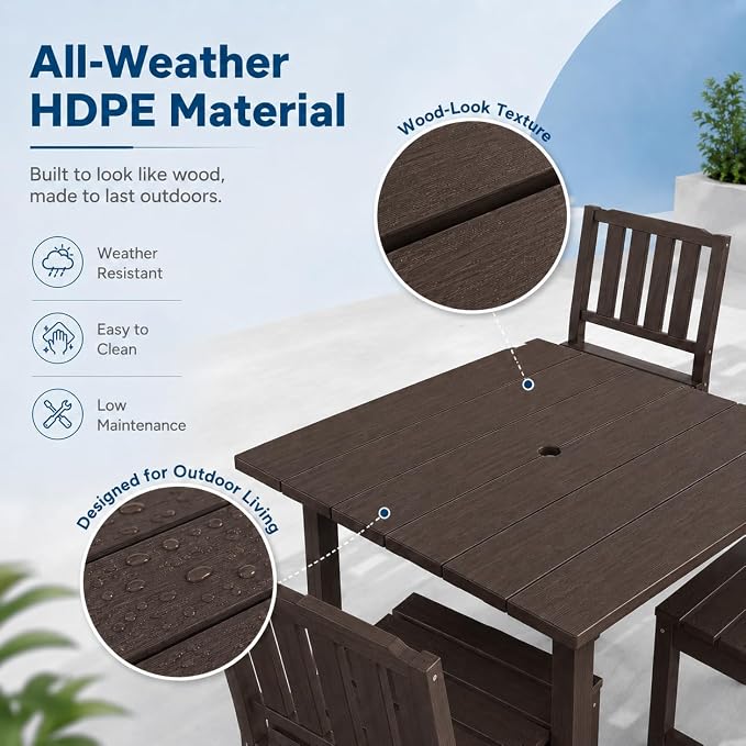 HDPE Outdoor Dining Set for 4, Square Table & Chairs Set | • All-Weather Polywood Composite • 410 lbs Heavy-Duty Support • Built-In 2" Umbrella Hole • Easy Soap-Water Wash