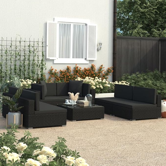 7 Piece Patio Lounge Set with Cushions,Couch Patio Conversation Sets Outdoor Furniture Combination Sofa for The Patio, Deck, Front Porch, Poolside or Balcony Poly Rattan Black