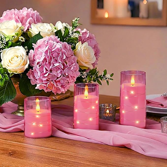 Homemory Flameless Pink Candles with Embedded Star String Fairy Lights, Battery Operated Candles, LED Candle, Fake Candles with Remote Control and Timer, Set of 3(H 4" 5" 6”)