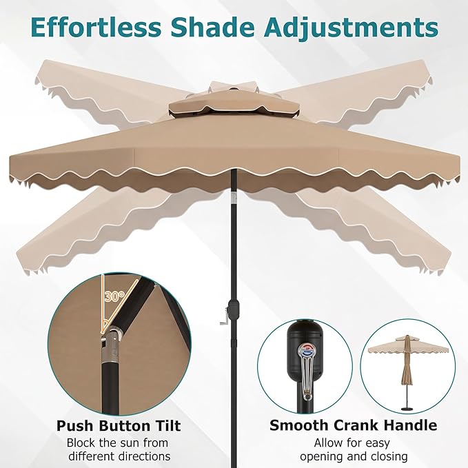 Happygrill 10 FT Patio Umbrella, Scalloped Outdoor Table Market Umbrella with Push Button Tilt & Crank, 2-Tier Vented Top, Heavy-Duty 8 Metal Ribs, Sun-Protective Canopy, Ruffle for Deck Pool Garden (Brown)