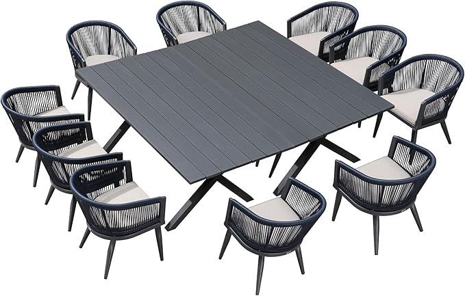 PURPLE LEAF Patio Dining Set for 10 All-Weather Wicker 12 Piece Aluminium Oversized Outdoor Table and Chairs Set Included Cushions for Backyard Kitchen Modern Outdoor Furniture Set Gray and Navy
