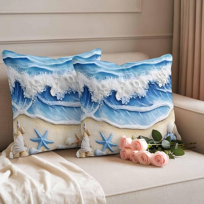Summer Beach Outdoor Waterproof Throw Pillow Covers Set of 2, 26"x26", Seashell Starfish Nautical Coastal Decorative Pillow Covers Outside Cushion Case for Patio Porch Garden