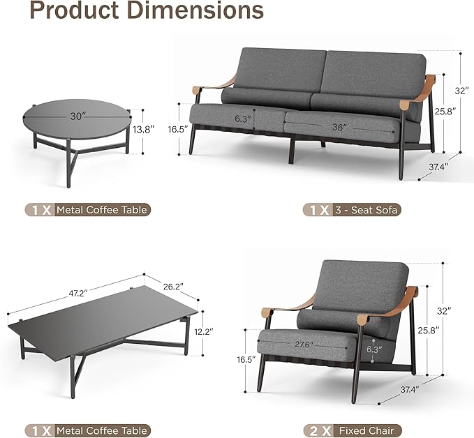 PHI VILLA Modern Outdoor Patio Furniture Set,Deep&Wide Seat with Extra Thick 6.3" Cushions Metal Outdoor Conversation Set(Backyard ICON Collection)