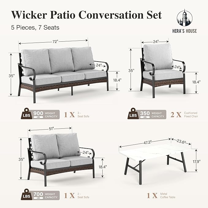 HERA'S HOUSE 5 Piece Metal Patio Furniture Set, 7 Seats All Weather Outdoor Conversation Set, 3 Seat Sofa with Loveseat, 2 Fixed Chairs, Coffee Table for Backyard, Garden, Deck, Light Grey