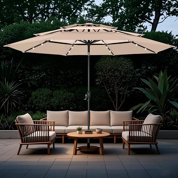 GREEN PARTY 10ft Patio Umbrella with Solar Lights, Auto-Tilt Lighted Market Table Umbrellas with Crank, 8 Sturdy Ribs & 1.5" Pole outdoor umbrellas for Patio Garden Deck Backyard Pool, Beige & Tan