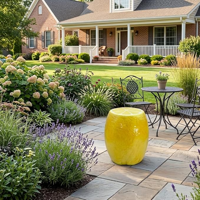 14" Yellow Lemon Resin Stool, Novelty Fruit Side Table & Plant Stand, Whimsical Indoor Outdoor Garden Patio Decor, No Assembly Required(Yellow Lemon)